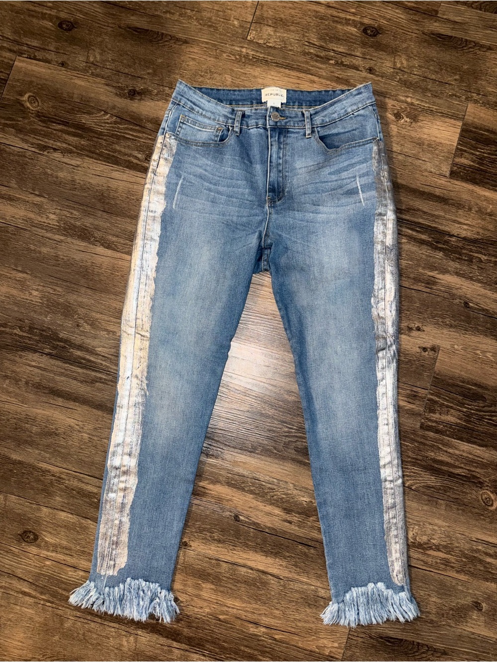 For The Republic Fringed Hem Silver Tuxedo Stripe Stretch Jeans